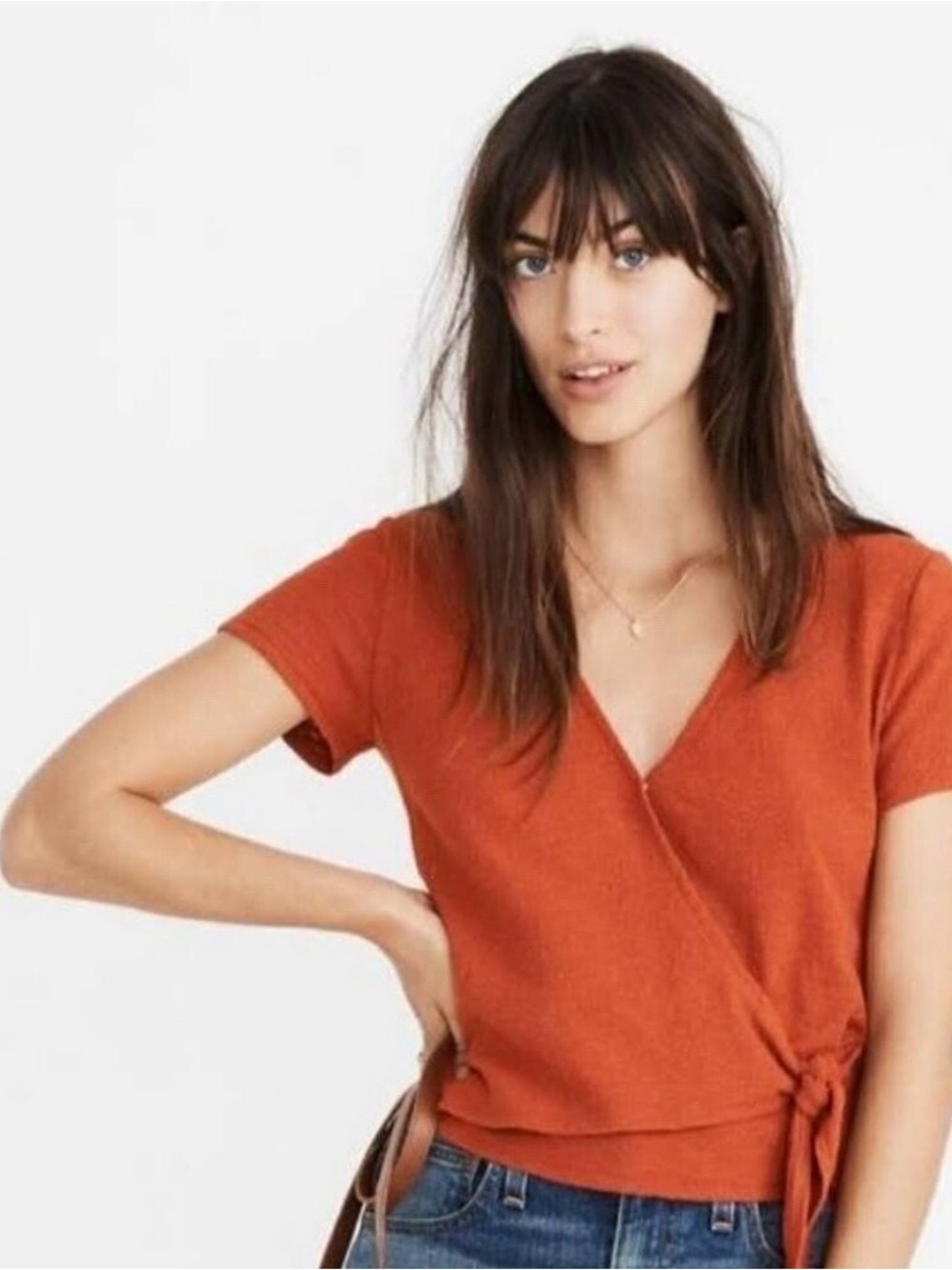 Madewell Texture & Thread Rust Orange Faux Wrap Short-Sleeve Top